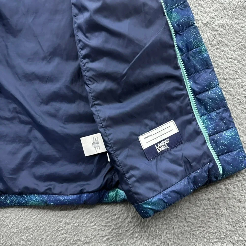 Lands End Kids Large (10-12) Galaxy Print Puffer Jacket Blue Teal Star Full Zip